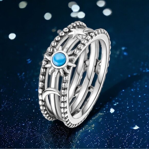 NWT Wide Band Ring S925 Sterling Silver Stamped Sun Moon Star Turquoise Sz. 8 - Picture 4 of 9